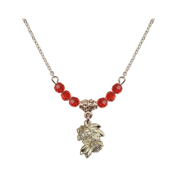 18-Inch Hamilton Gold Plated Necklace with 4mm Red July Birth Month Stone Beads and Rose Charm