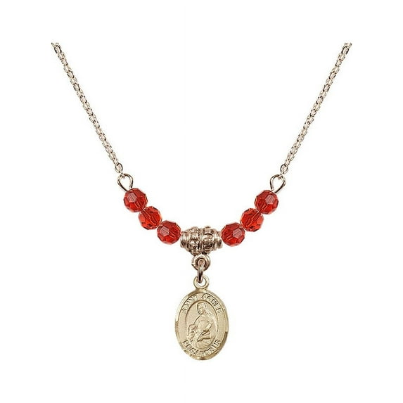 18-Inch Hamilton Gold Plated Necklace with 4mm Red July Birth Month Stone Beads and Saint Agnes of Rome Charm