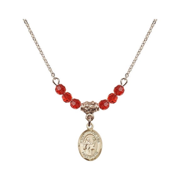 18-Inch Hamilton Gold Plated Necklace with 4mm Red July Birth Month Stone Beads and Saint Augustine Charm