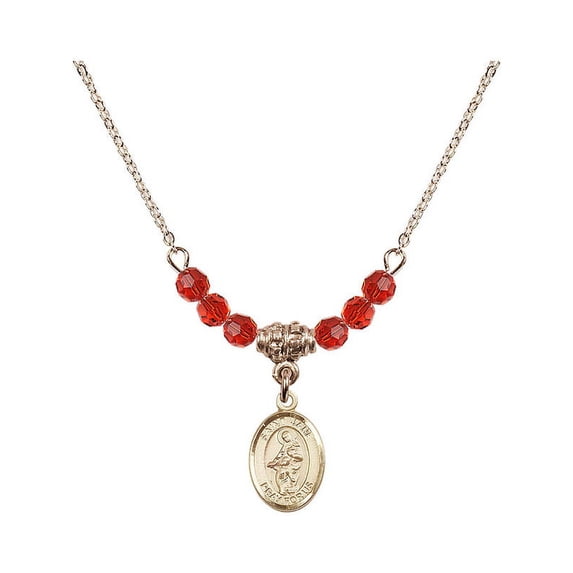 18-Inch Hamilton Gold Plated Necklace with 4mm Red July Birth Month Stone Beads and Saint Jane of Valois Charm