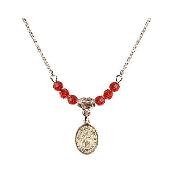 18-Inch Hamilton Gold Plated Necklace with 4mm Red July Birth Month Stone Beads and Saint John the Baptist Charm