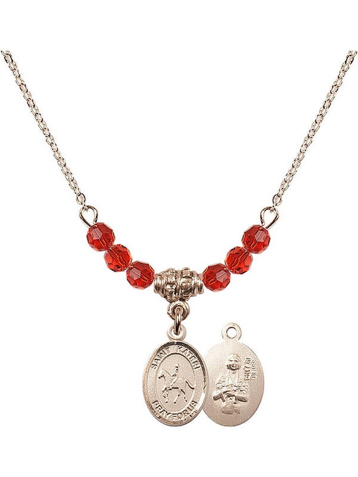 18-Inch Hamilton Gold Plated Necklace with 4mm Red July Birth Month Stone Beads and Saint Kateri/Equestrian Charm