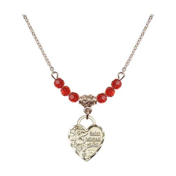 18-Inch Hamilton Gold Plated Necklace with 4mm Red July Birth Month Stone Beads and Saint Michael Heart Charm