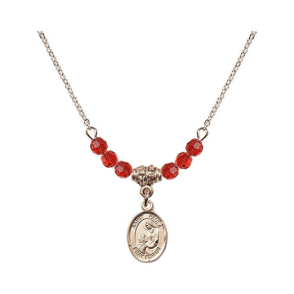 18-Inch Hamilton Gold Plated Necklace with 4mm Red July Birth Month Stone Beads and Saint Paula Charm