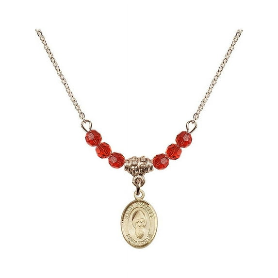 18-Inch Hamilton Gold Plated Necklace with 4mm Red July Birth Month Stone Beads and Saint Sharbel Charm