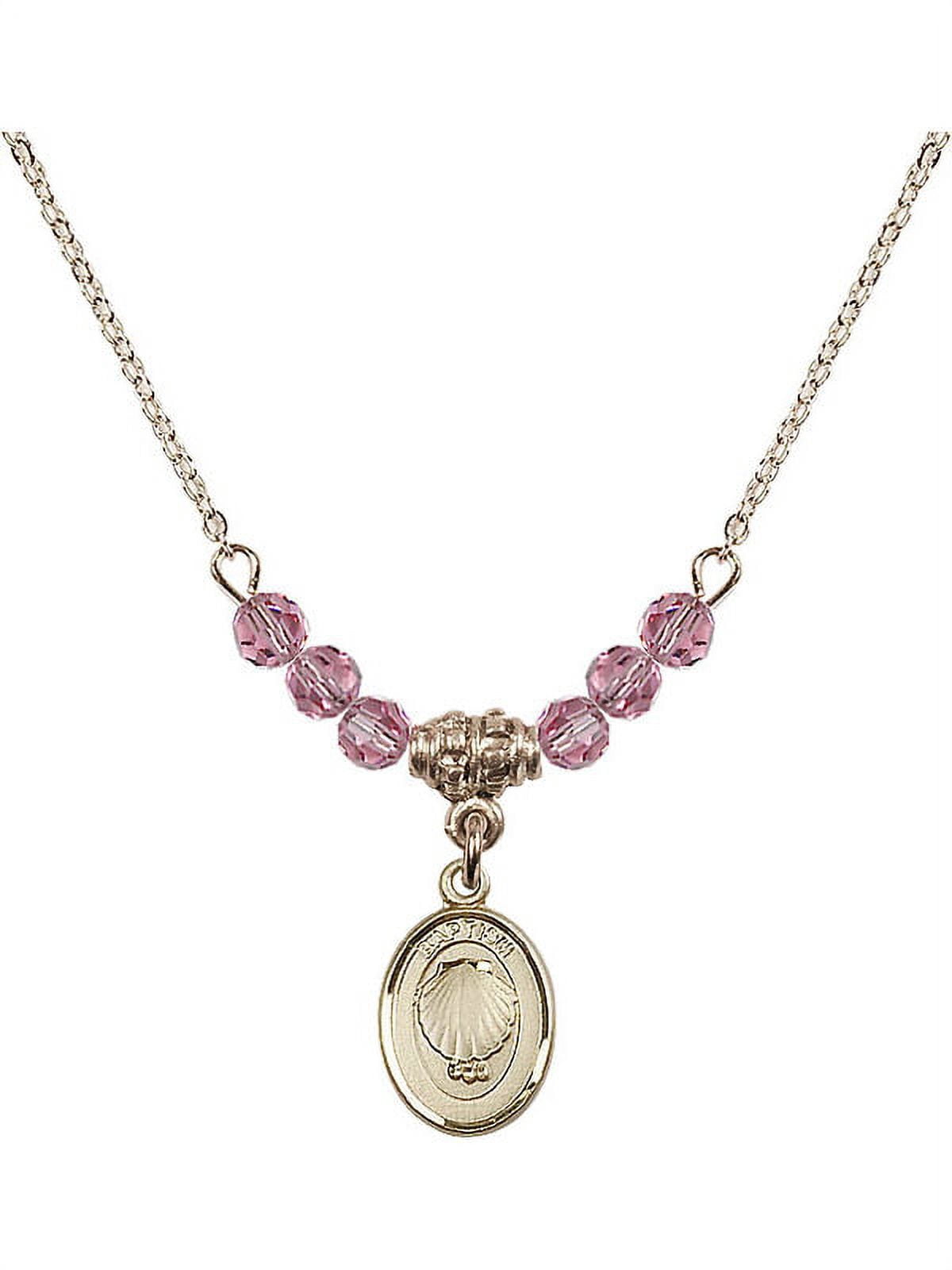 18-Inch Hamilton Gold Plated Necklace with 4mm Rose Pink October Birth Month Stone Beads and Baptism Charm
