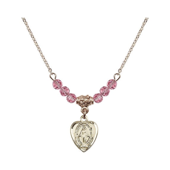 18-Inch Hamilton Gold Plated Necklace with 4mm Rose Pink October Birth Month Stone Beads and Miraculous Charm