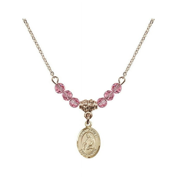 18-Inch Hamilton Gold Plated Necklace with 4mm Rose Pink October Birth Month Stone Beads and Saint Agnes of Rome Charm