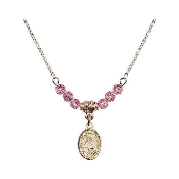 18-Inch Hamilton Gold Plated Necklace with 4mm Rose Pink October Birth Month Stone Beads and Saint Bede the Venerable Charm