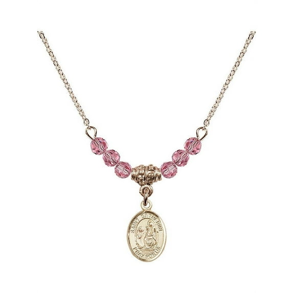 18-Inch Hamilton Gold Plated Necklace with 4mm Rose Pink October Birth Month Stone Beads and Saint Catherine of Siena Charm