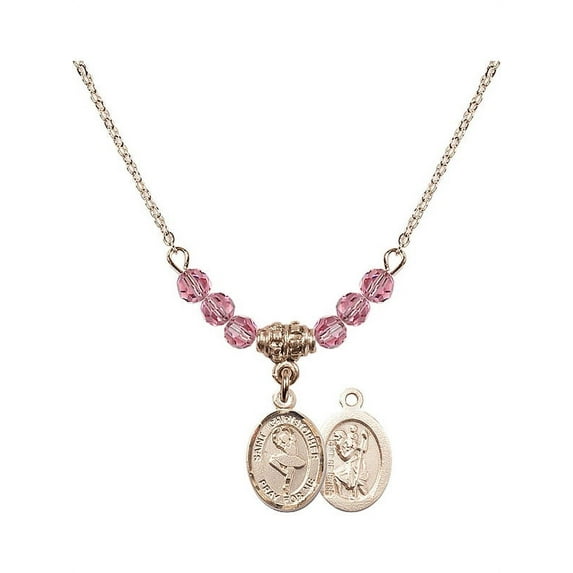 18-Inch Hamilton Gold Plated Necklace with 4mm Rose Pink October Birth Month Stone Beads and Saint Christopher/Dance Charm