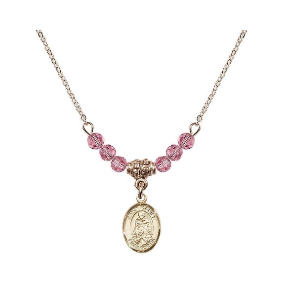 18-Inch Hamilton Gold Plated Necklace with 4mm Rose Pink October Birth Month Stone Beads and Saint Daniel Charm