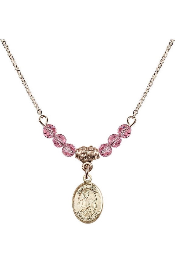 18-Inch Hamilton Gold Plated Necklace with 4mm Rose Pink October Birth Month Stone Beads and Saint Jude Thaddeus Charm