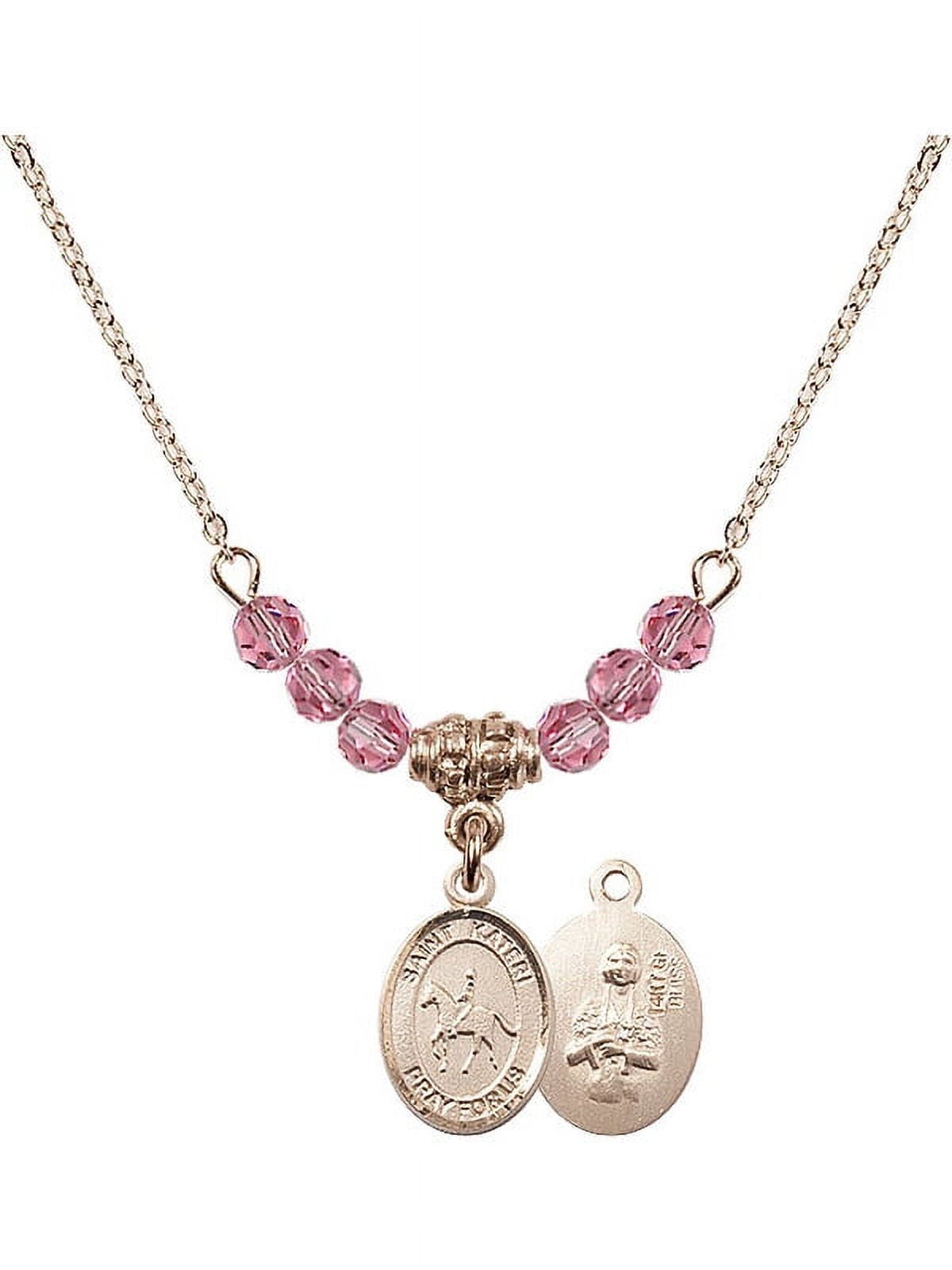 18-Inch Hamilton Gold Plated Necklace with 4mm Rose Pink October Birth Month Stone Beads and Saint Kateri/Equestrian Charm