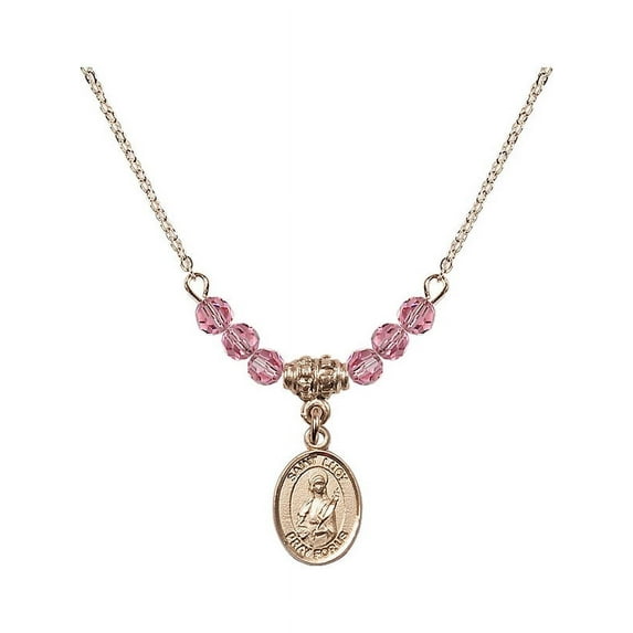18-Inch Hamilton Gold Plated Necklace with 4mm Rose Pink October Birth Month Stone Beads and Saint Lucy Charm