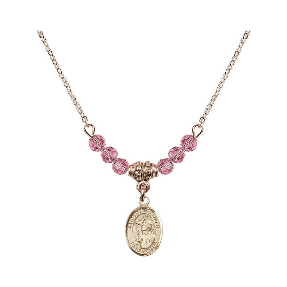 18-Inch Hamilton Gold Plated Necklace with 4mm Rose Pink October Birth Month Stone Beads and Saint Rene Goupil Charm