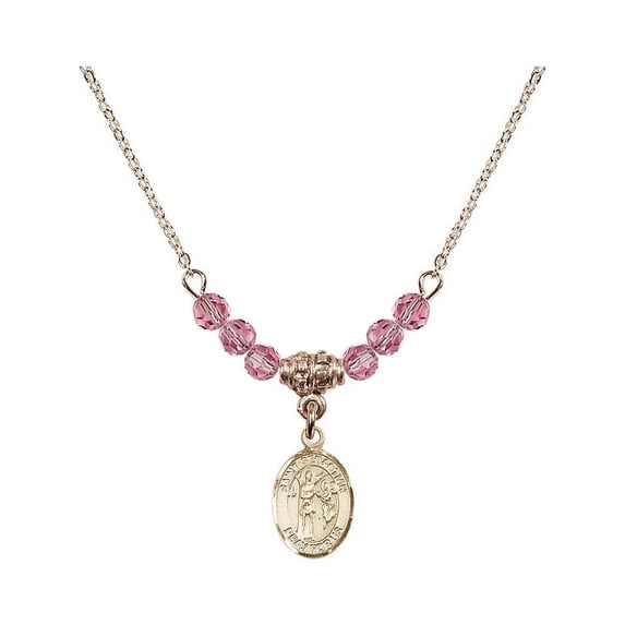 18-Inch Hamilton Gold Plated Necklace with 4mm Rose Pink October Birth Month Stone Beads and Saint Sebastian Charm