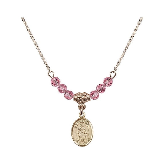 18-Inch Hamilton Gold Plated Necklace with 4mm Rose Pink October Birth Month Stone Beads and Saint Sophia Charm