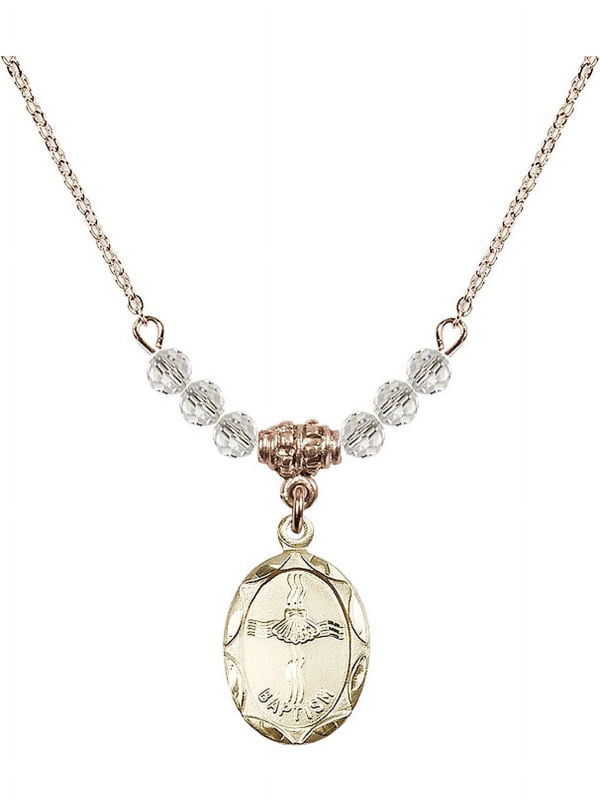 18-Inch Hamilton Gold Plated Necklace with 4mm White April Birth Month Stone Beads and Baptism Charm