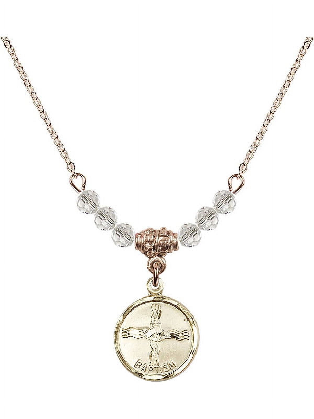 18-Inch Hamilton Gold Plated Necklace with 4mm White April Birth Month Stone Beads and Baptism Charm