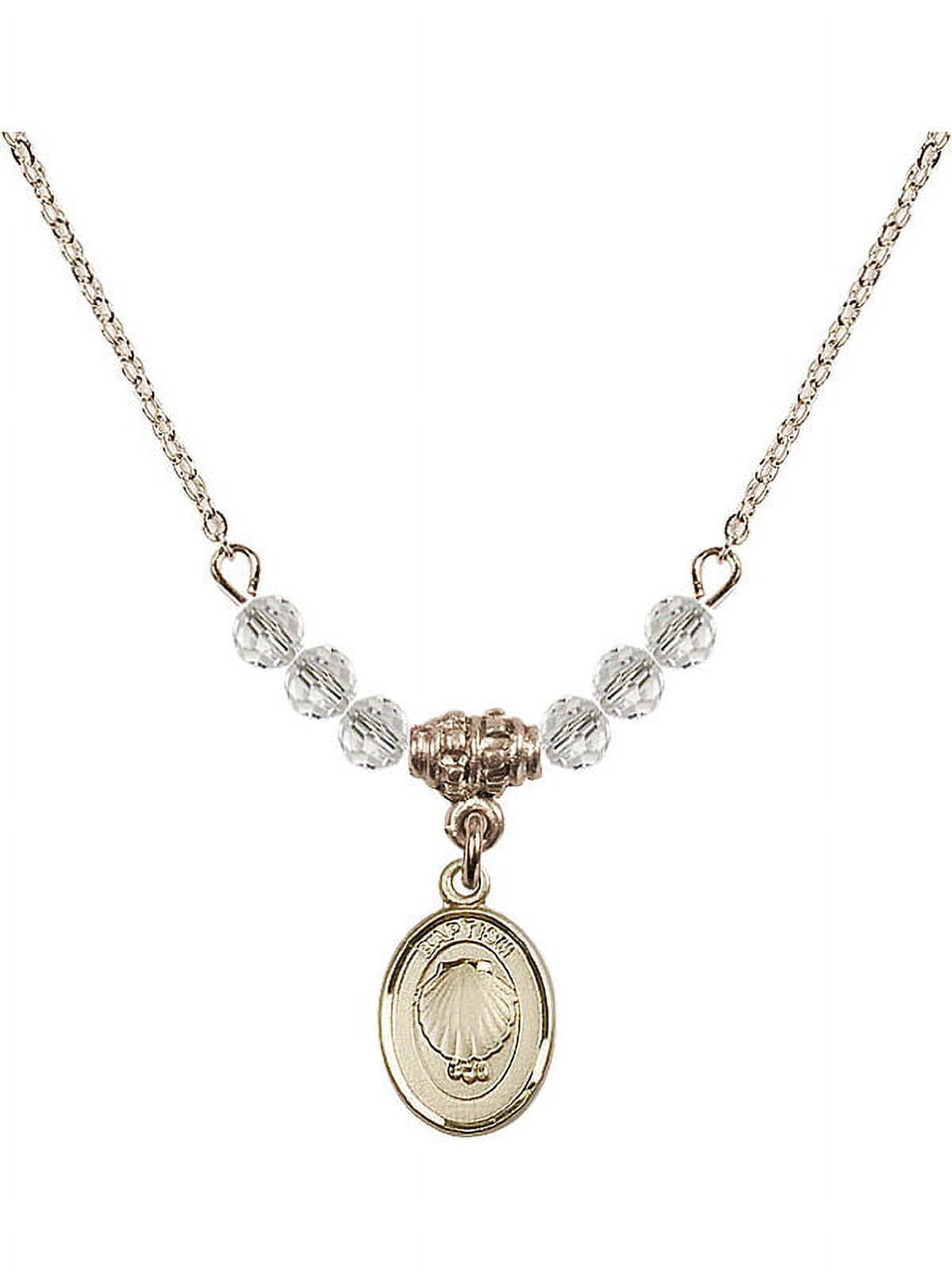 18-Inch Hamilton Gold Plated Necklace with 4mm White April Birth Month Stone Beads and Baptism Charm