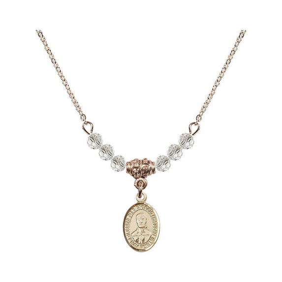 18-Inch Hamilton Gold Plated Necklace with 4mm White April Birth Month Stone Beads and Blessed Pier Giorgio Frassati Charm