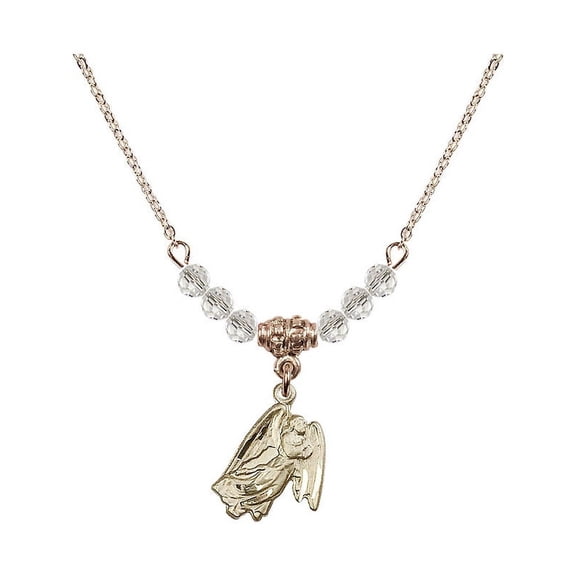 18-Inch Hamilton Gold Plated Necklace with 4mm White April Birth Month Stone Beads and Guardian Angel Charm