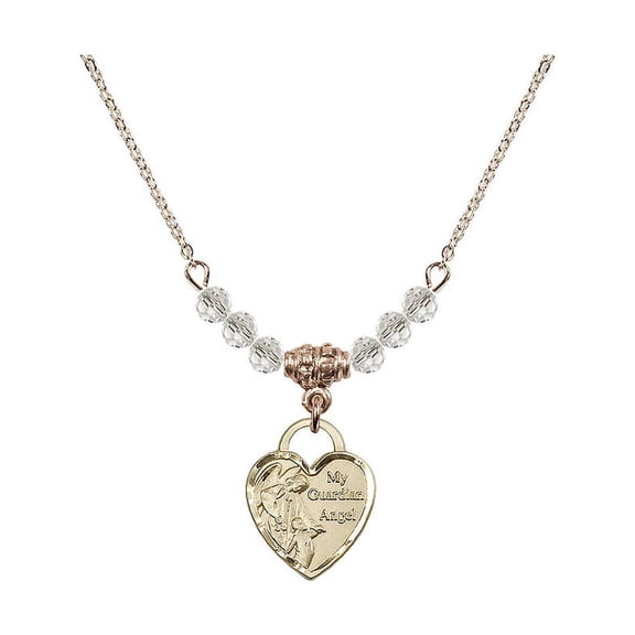 18-Inch Hamilton Gold Plated Necklace with 4mm White April Birth Month Stone Beads and Guardian Angel Heart Charm