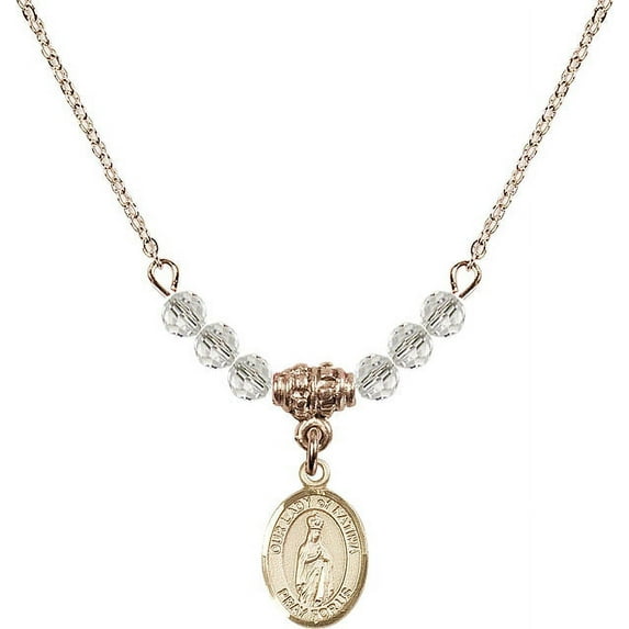 18-Inch Hamilton Gold Plated Necklace with 4mm White April Birth Month Stone Beads and Our Lady of Fatima Charm