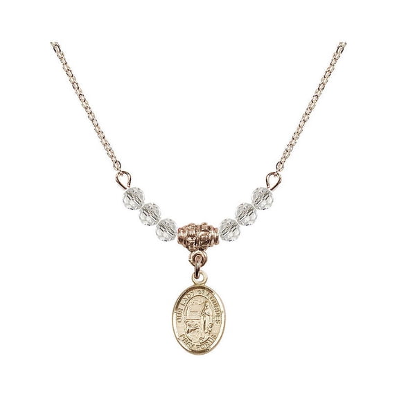 18-Inch Hamilton Gold Plated Necklace with 4mm White April Birth Month Stone Beads and Our Lady of Lourdes Charm