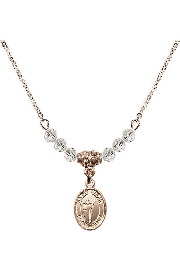 18-Inch Hamilton Gold Plated Necklace with 4mm White April Birth Month Stone Beads and Saint Aidan of Lindesfarne Charm