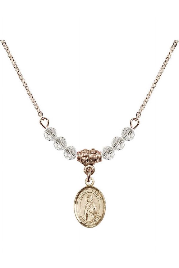 18-Inch Hamilton Gold Plated Necklace with 4mm White April Birth Month Stone Beads and Saint Alice Charm