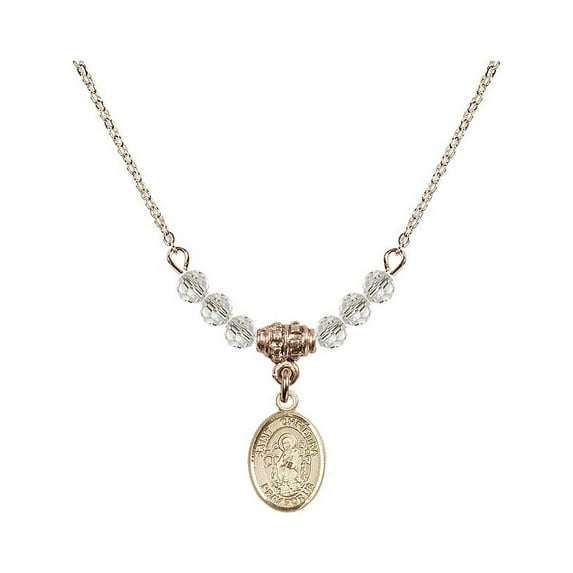 18-Inch Hamilton Gold Plated Necklace with 4mm White April Birth Month Stone Beads and Saint Christina the Astonishing Charm