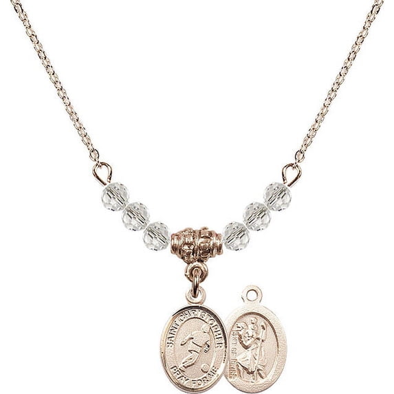 18-Inch Hamilton Gold Plated Necklace with 4mm White April Birth Month Stone Beads and Saint Christopher/Soccer Charm