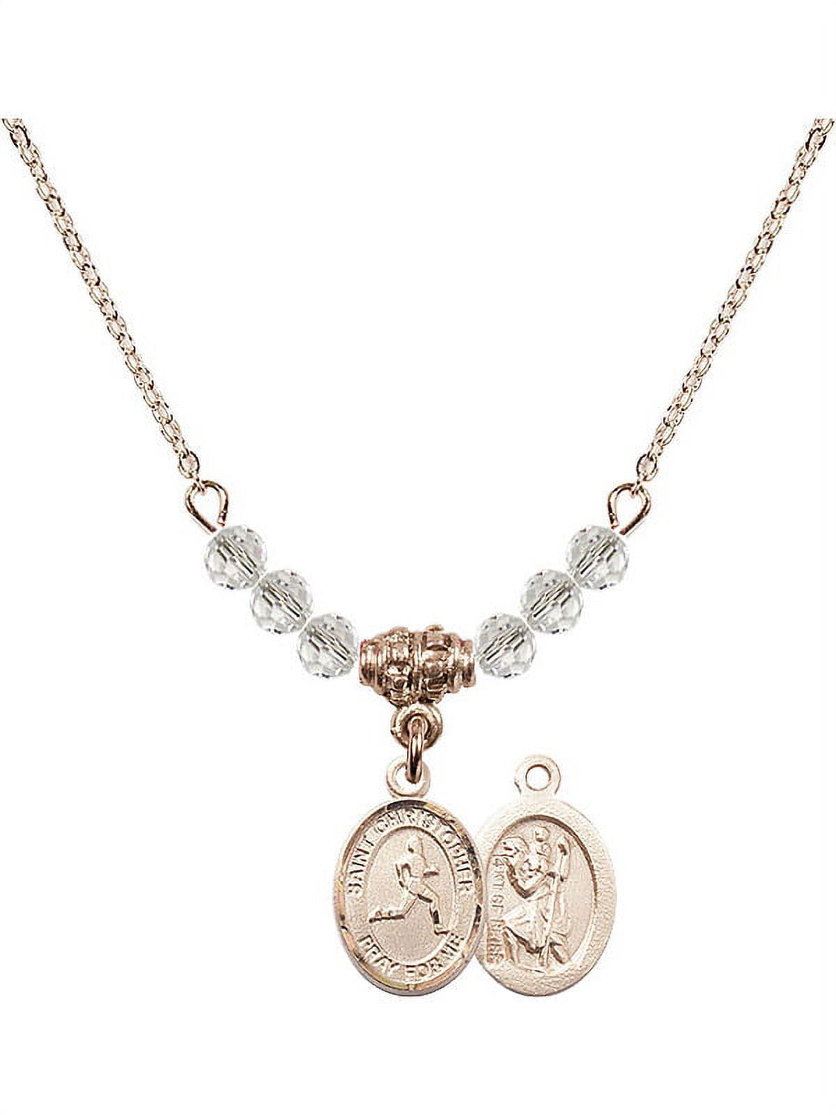 18-Inch Hamilton Gold Plated Necklace with 4mm White April Birth Month Stone Beads and Saint Christopher/Track & Field Charm