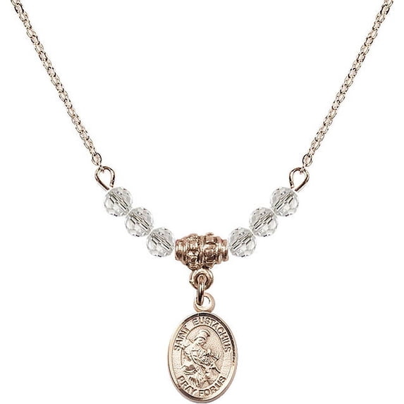 18-Inch Hamilton Gold Plated Necklace with 4mm White April Birth Month Stone Beads and Saint Eustachius Charm