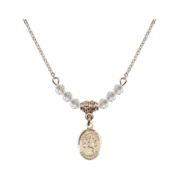 18-Inch Hamilton Gold Plated Necklace with 4mm White April Birth Month Stone Beads and Saint Felicity Charm