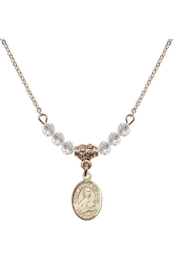 18-Inch Hamilton Gold Plated Necklace with 4mm White April Birth Month Stone Beads and Saint Gemma Galgani Charm