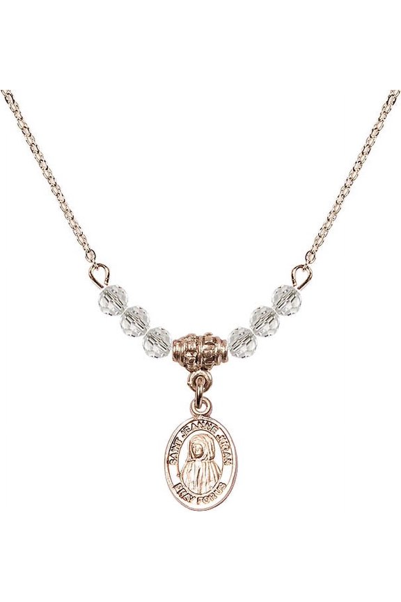 18-Inch Hamilton Gold Plated Necklace with 4mm White April Birth Month Stone Beads and Saint Jeanne Jugan Charm