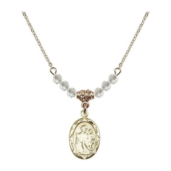 18-Inch Hamilton Gold Plated Necklace with 4mm White April Birth Month Stone Beads and Saint Joseph Charm