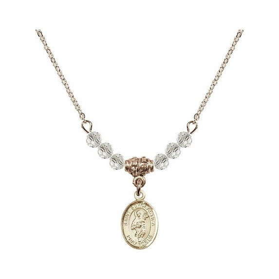 18-Inch Hamilton Gold Plated Necklace with 4mm White April Birth Month Stone Beads and Saint Scholastica Charm