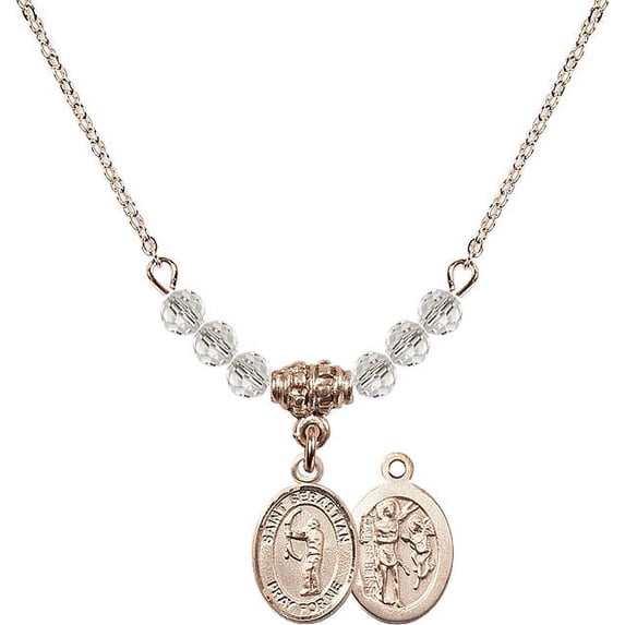 18-Inch Hamilton Gold Plated Necklace with 4mm White April Birth Month Stone Beads and Saint Sebastian / Archery Charm