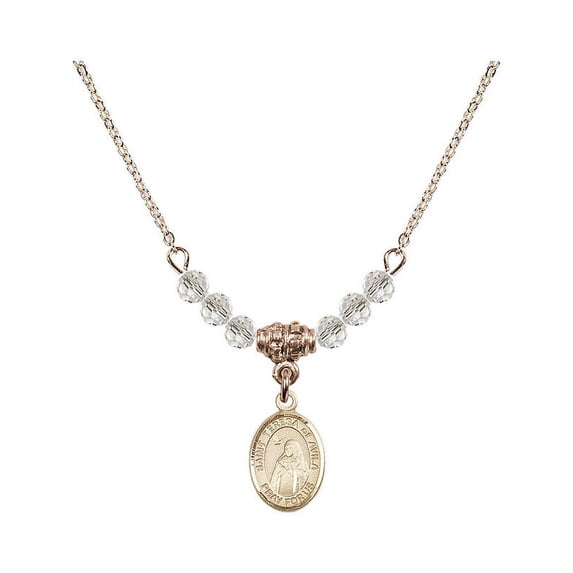 18-Inch Hamilton Gold Plated Necklace with 4mm White April Birth Month Stone Beads and Saint Teresa of Avila Charm