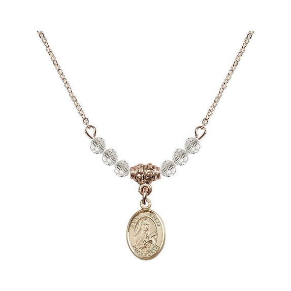 18-Inch Hamilton Gold Plated Necklace with 4mm White April Birth Month Stone Beads and Saint Therese of Lisieux Charm