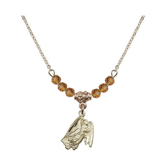 18-Inch Hamilton Gold Plated Necklace with 4mm Yellow November Birth Month Stone Beads and Guardian Angel Charm