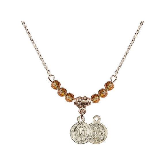 18-Inch Hamilton Gold Plated Necklace with 4mm Yellow November Birth Month Stone Beads and Saint Benedict Charm