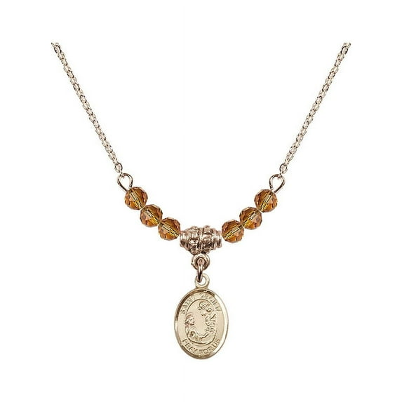 18-Inch Hamilton Gold Plated Necklace with 4mm Yellow November Birth Month Stone Beads and Saint Cecilia Charm