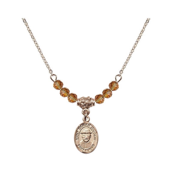 18-Inch Hamilton Gold Plated Necklace with 4mm Yellow November Birth Month Stone Beads and Saint Damien of Molokai Charm