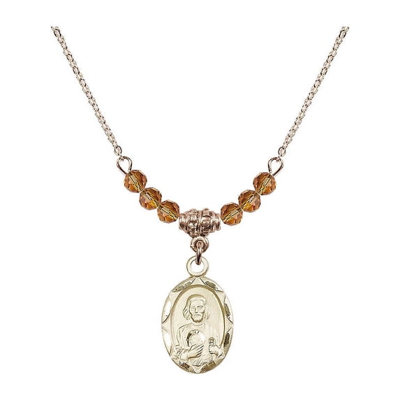 18-Inch Hamilton Gold Plated Necklace with 4mm Yellow November Birth Month Stone Beads and Saint Jude Charm