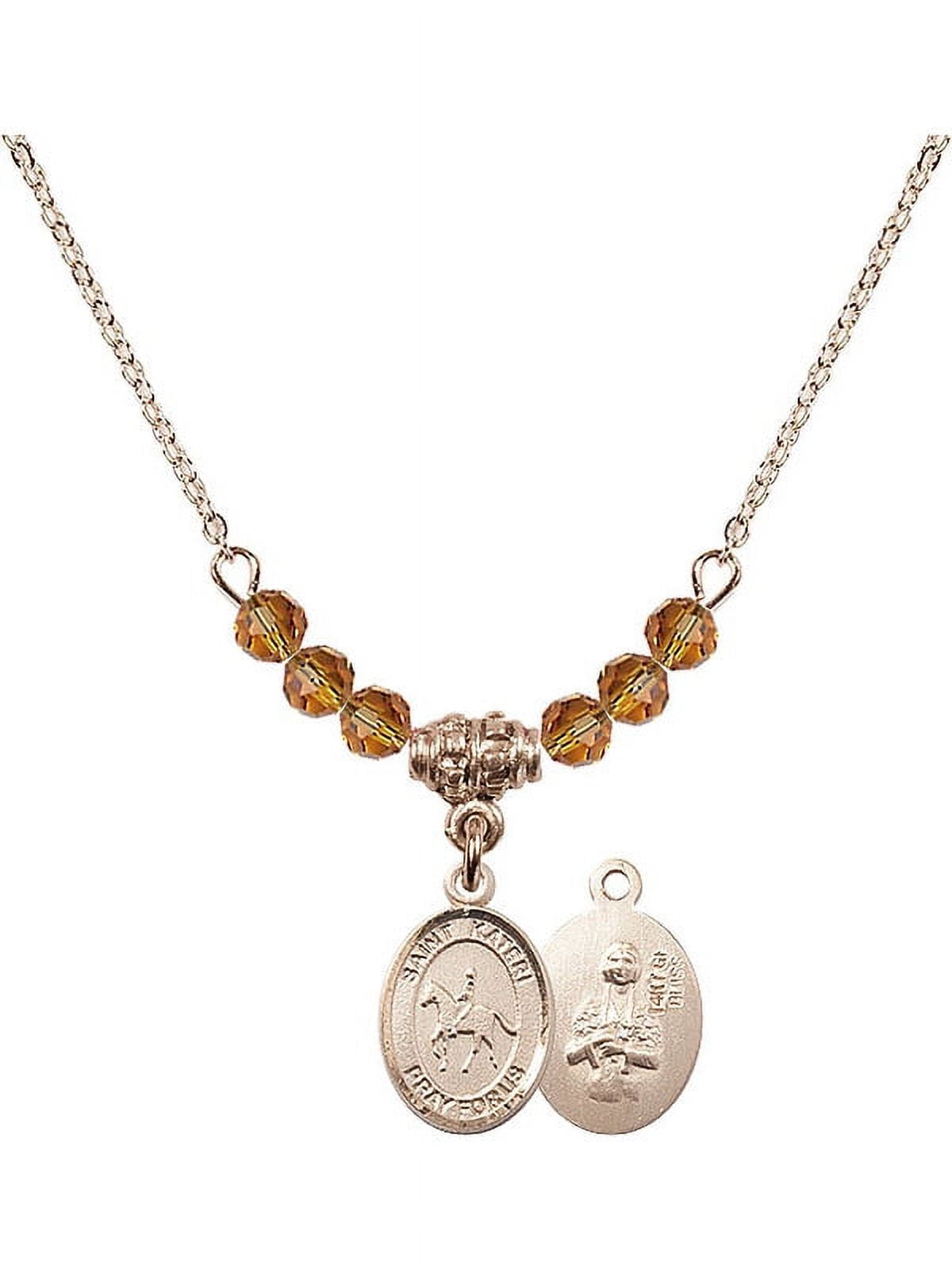18-Inch Hamilton Gold Plated Necklace with 4mm Yellow November Birth Month Stone Beads and Saint Kateri/Equestrian Charm